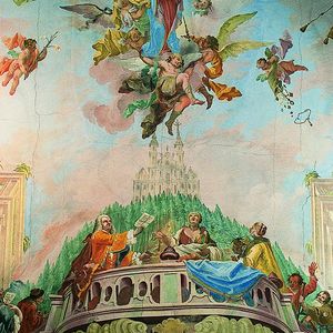 Innenansicht Basilika / Pfarre Graz-Mariatrost  Stifterfresko im ersten Stock des Osttraktes.